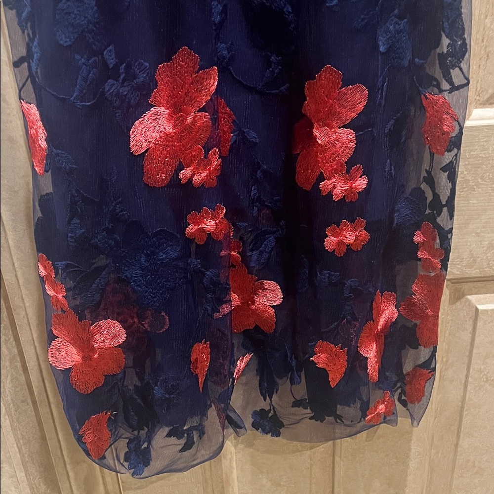 NWT Vince Camuto Navy and Coral Lace Floral Mesh Overlay Dress - Picture 4 of 7